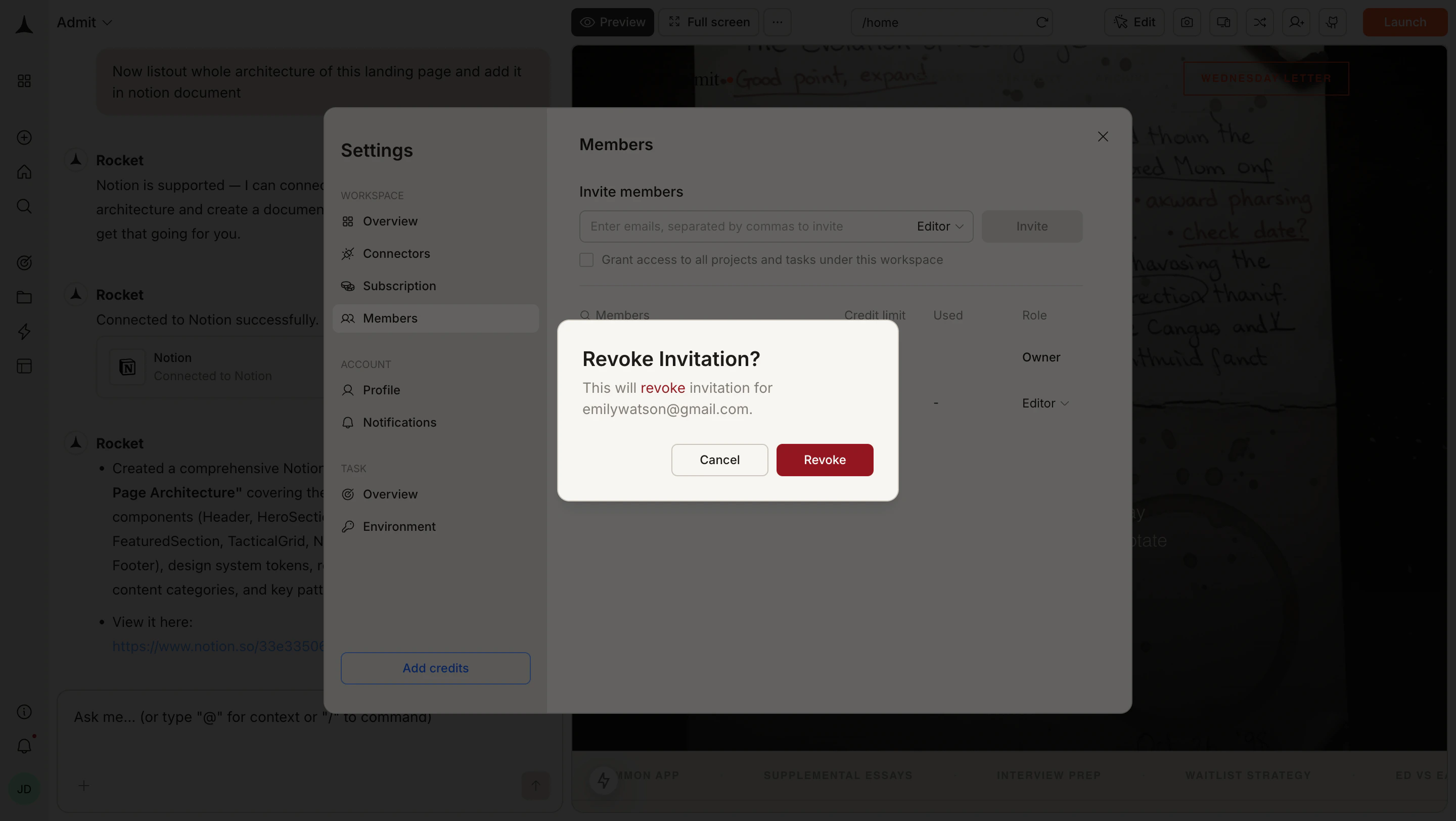 Members panel showing the Revoke invite option highlighted in the role dropdown.