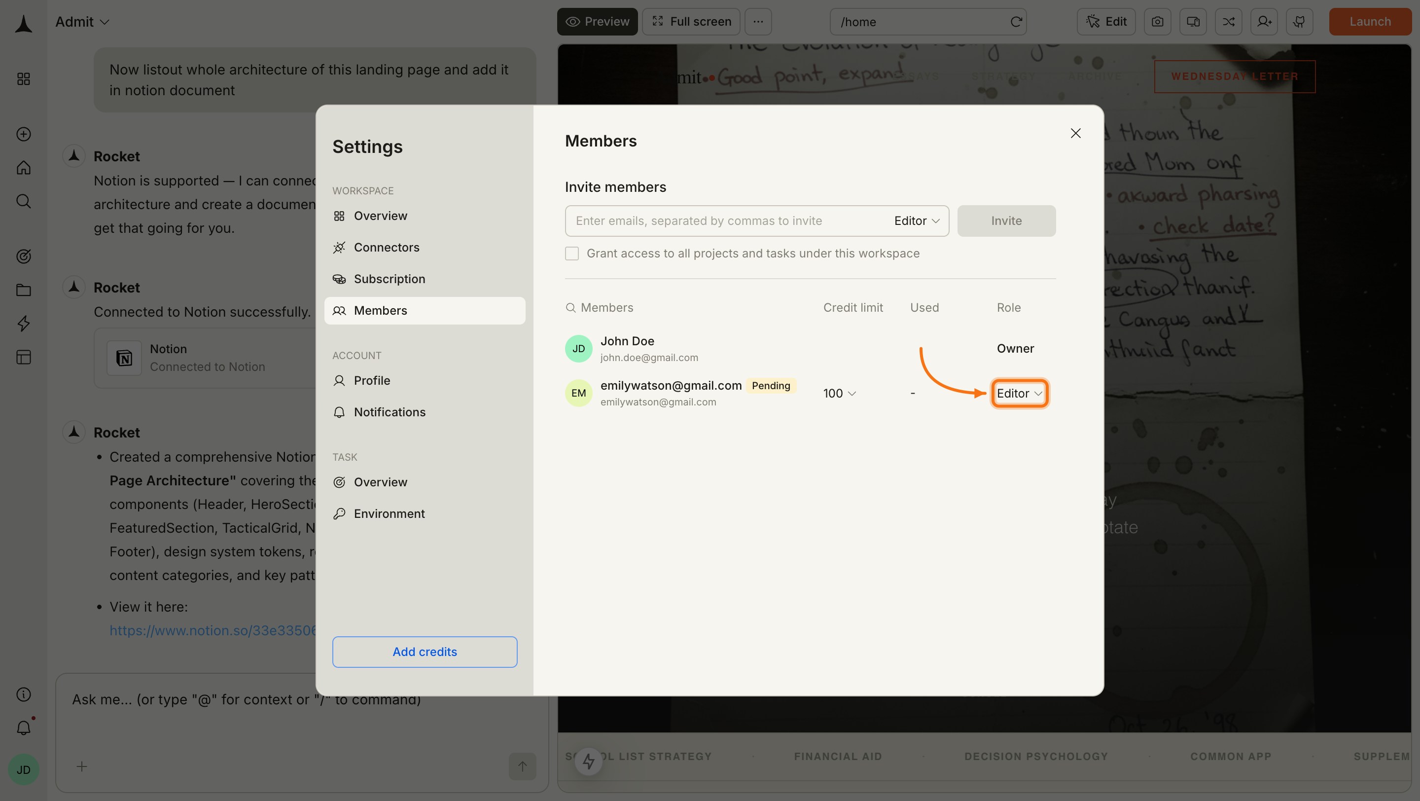 Members panel with the role dropdown highlighted on a pending member row.
