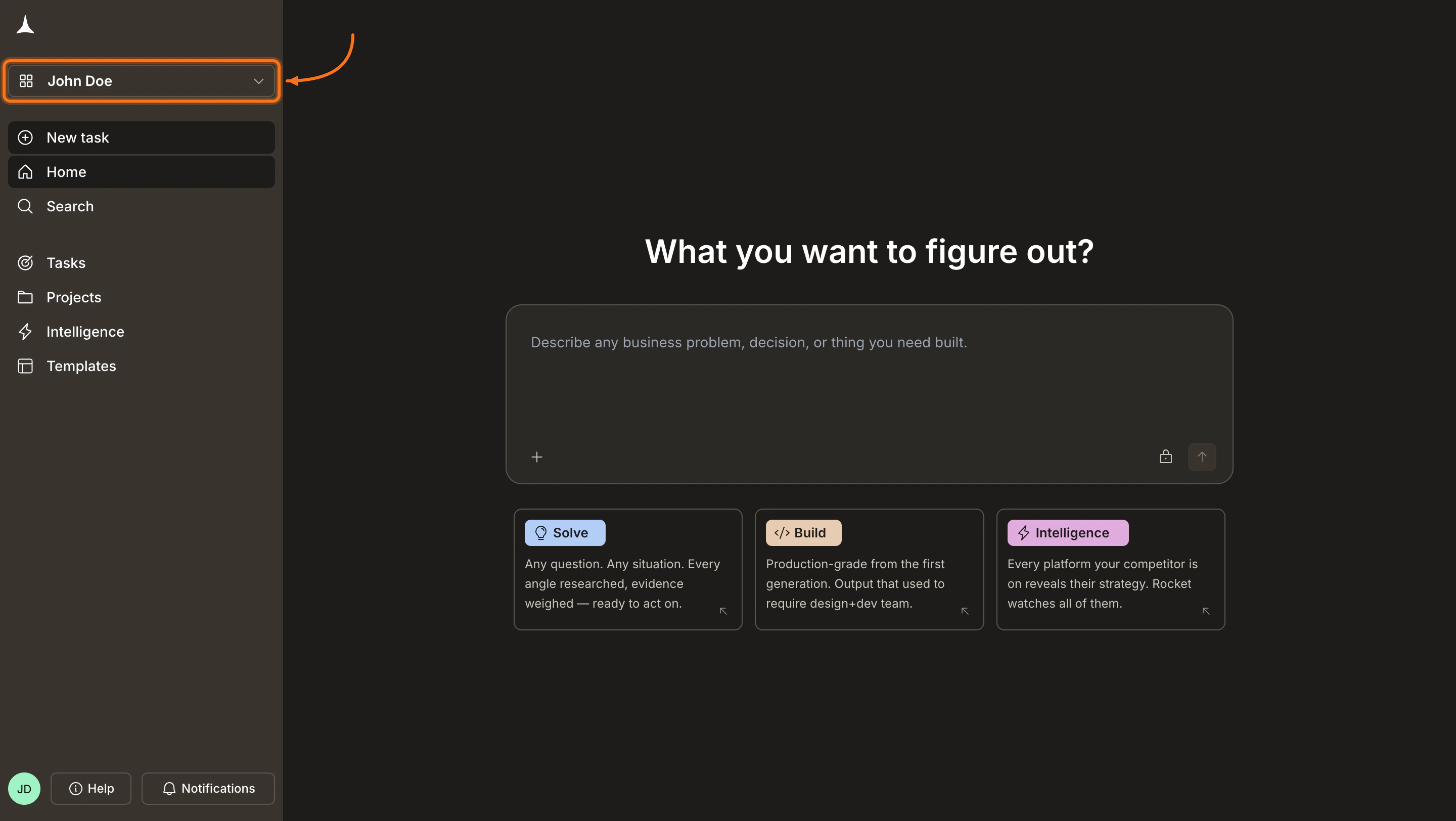 Rocket sidebar with the workspace name button highlighted.