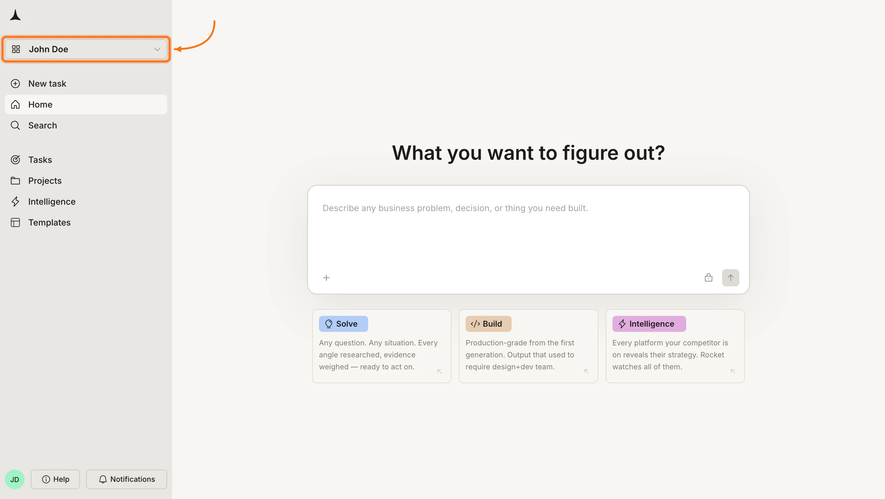 Rocket sidebar with the workspace name button highlighted.