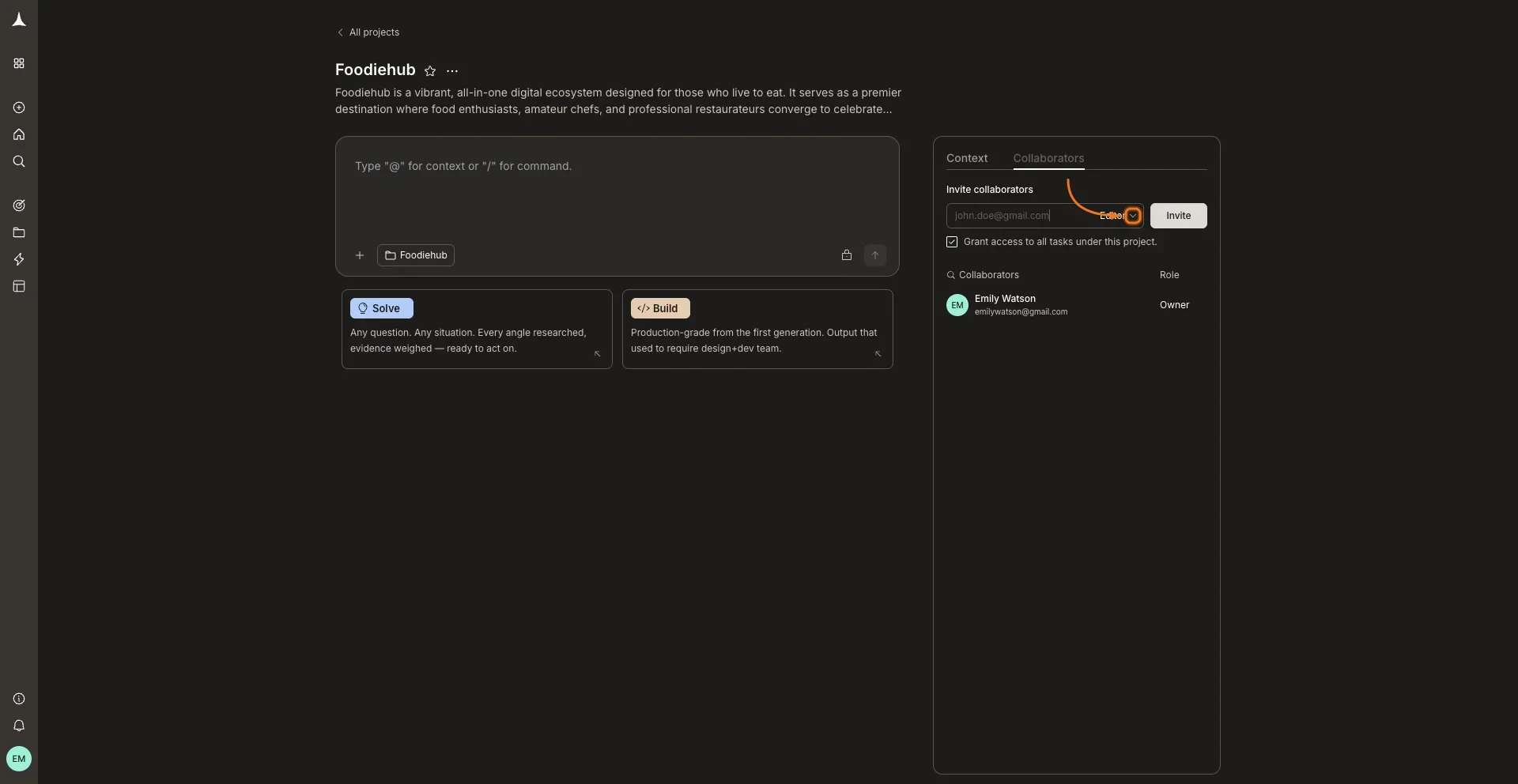 Invite collaborators panel with email field and role dropdown.