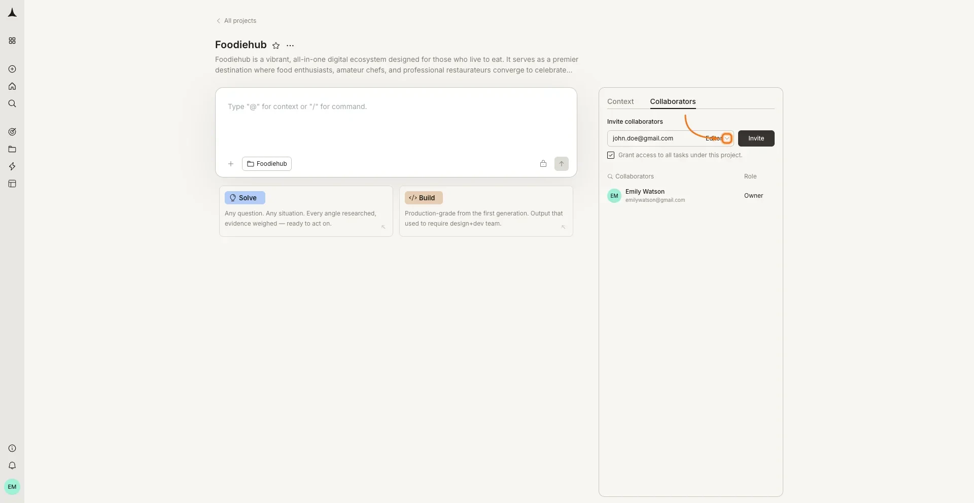 Invite collaborators panel with email field and role dropdown.