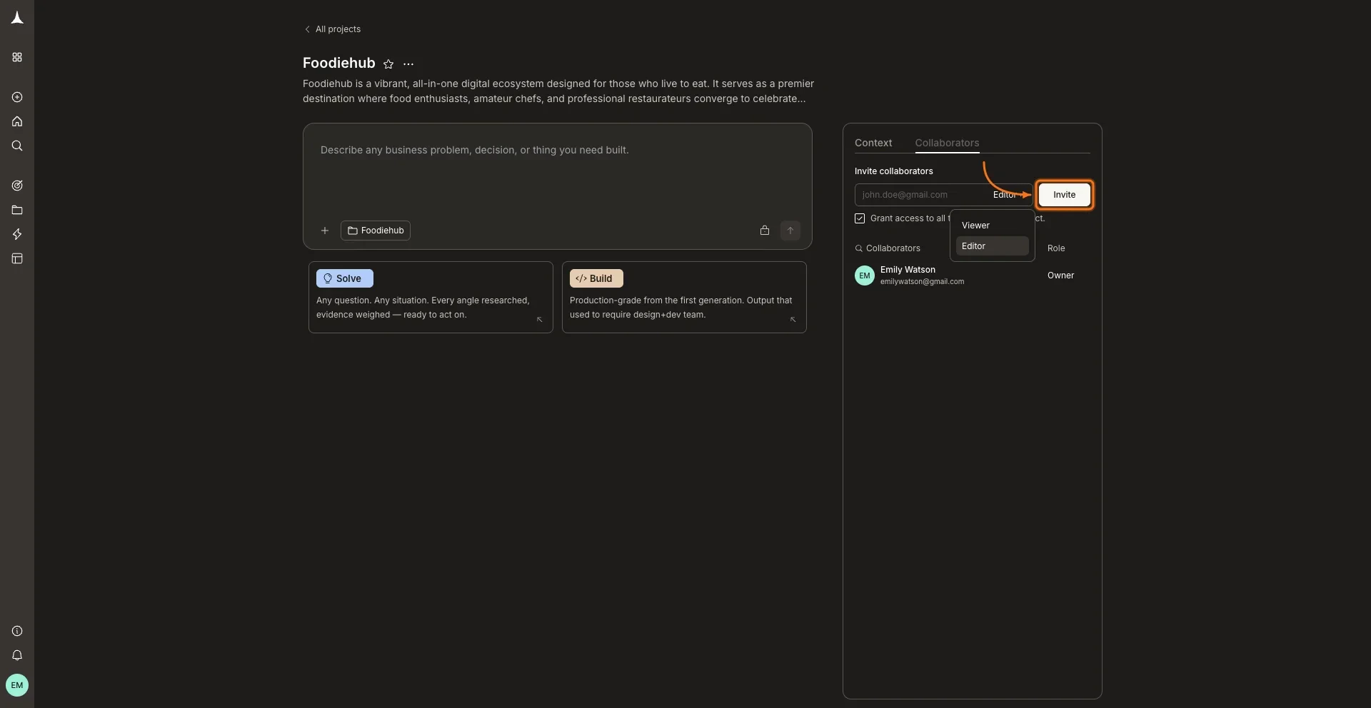 Role dropdown showing Viewer and Editor options.