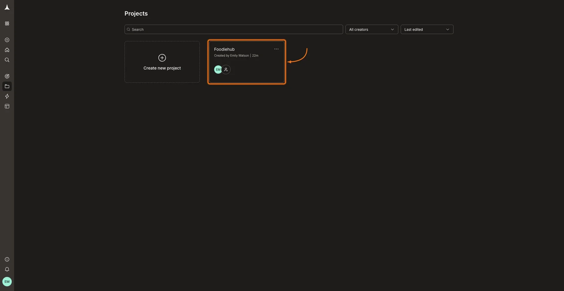 Projects list with a project card highlighted.