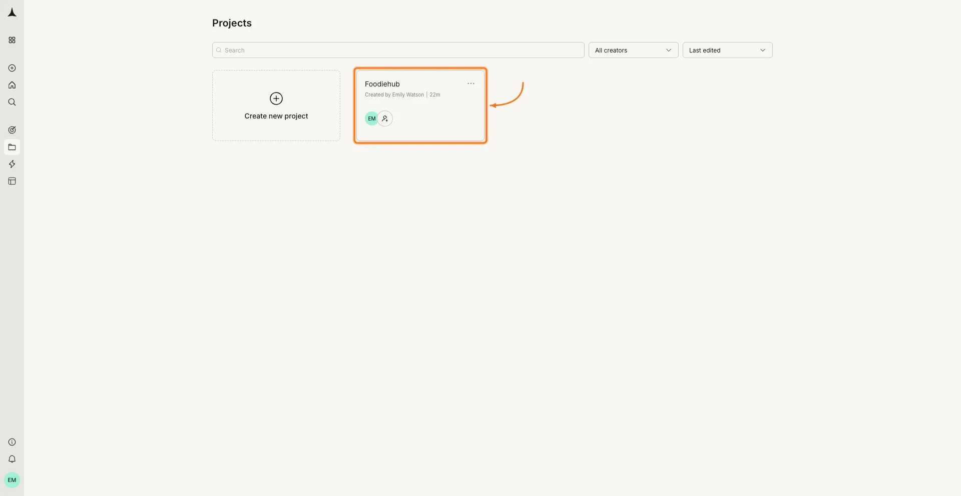 Projects list with a project card highlighted.