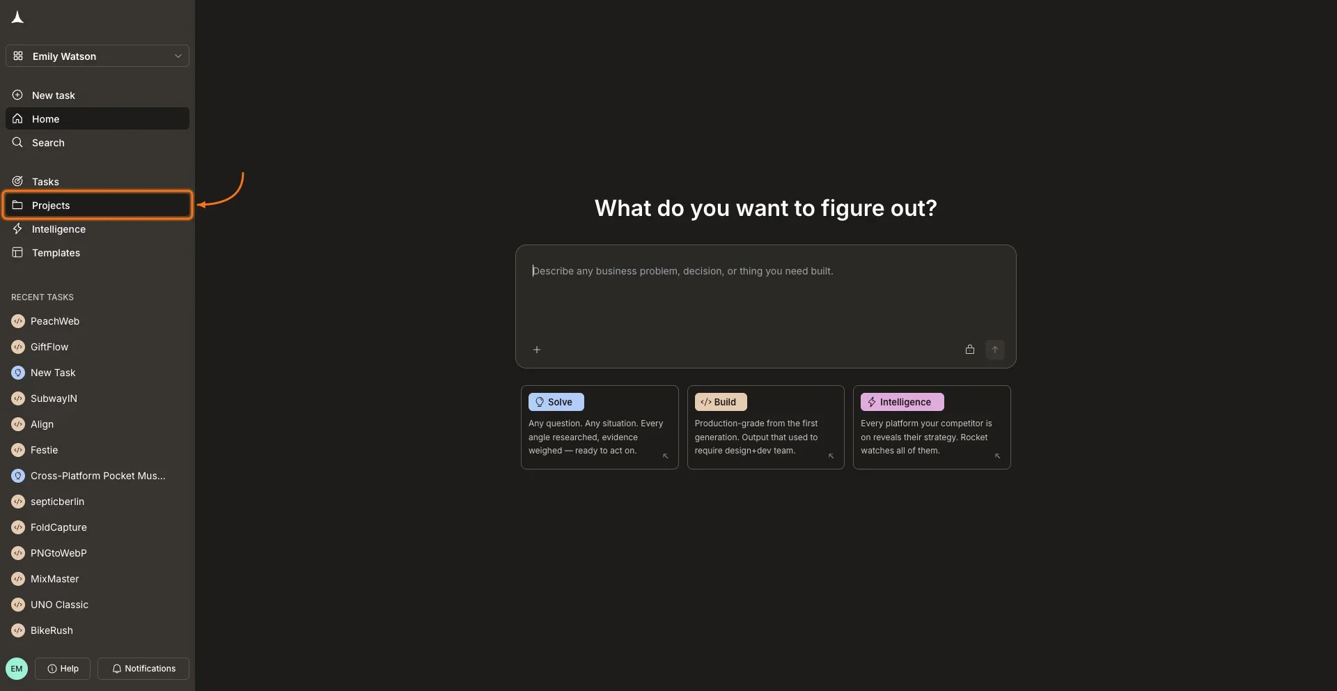 Sidebar with Projects highlighted.