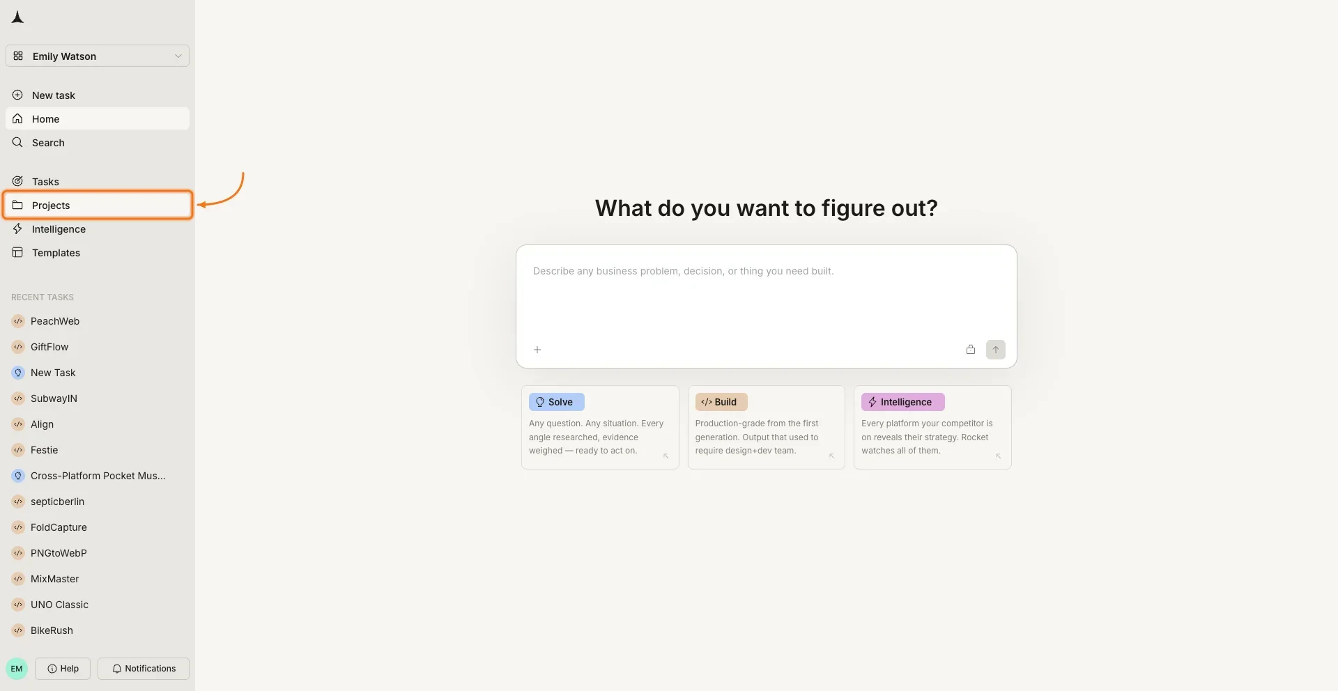 Sidebar with Projects highlighted.