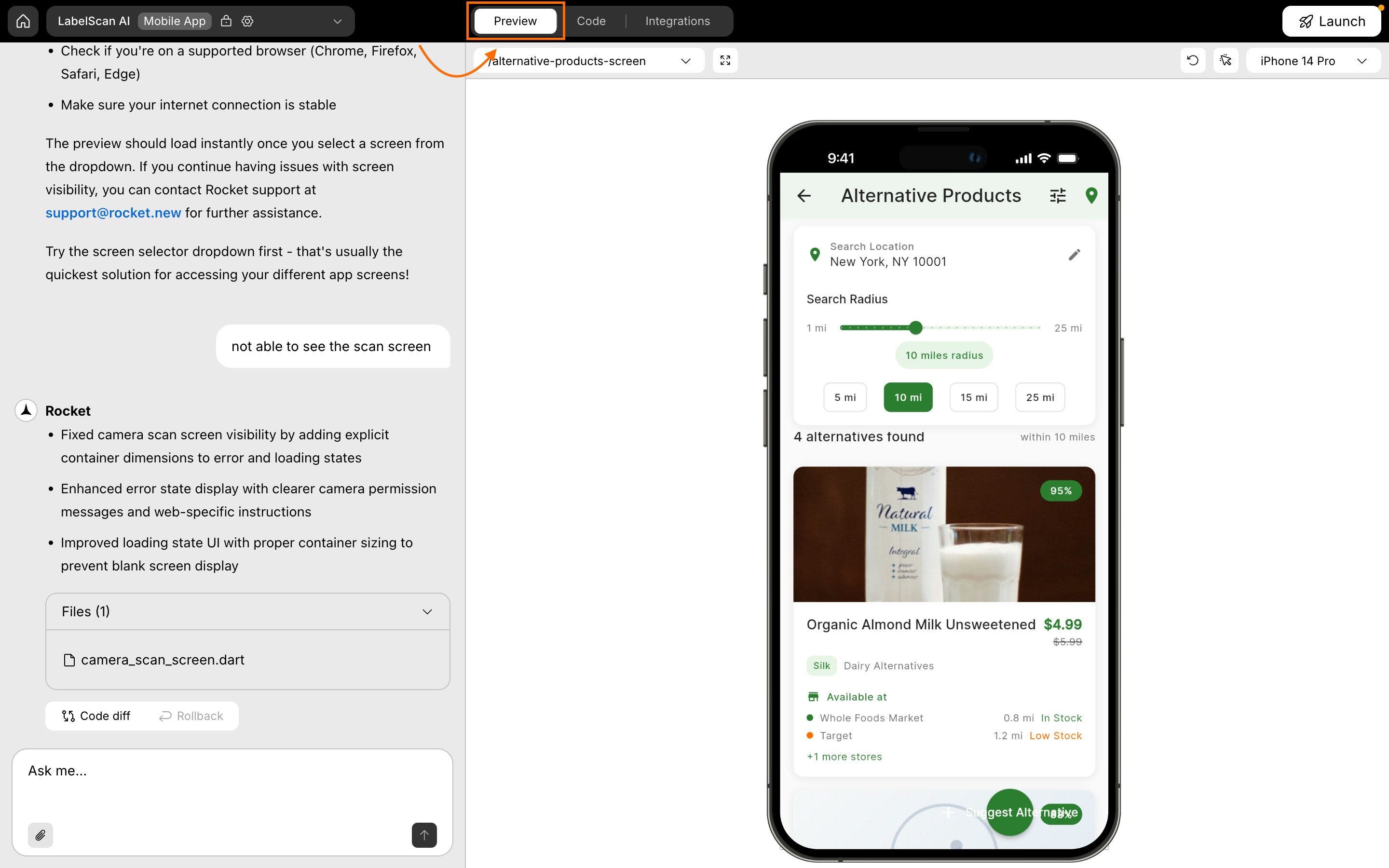 Rocket's preview panel showing a mobile app screen inside the workspace.