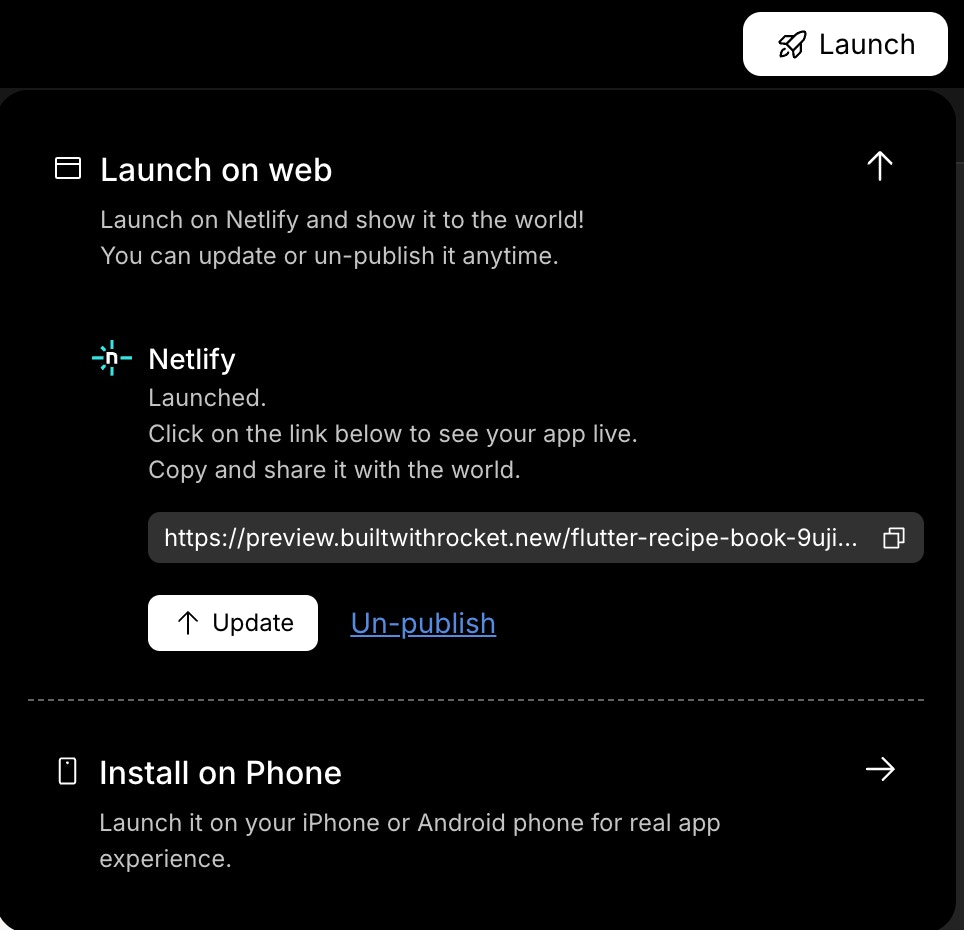 Published app confirmation showing live link and controls to update or un-publish.