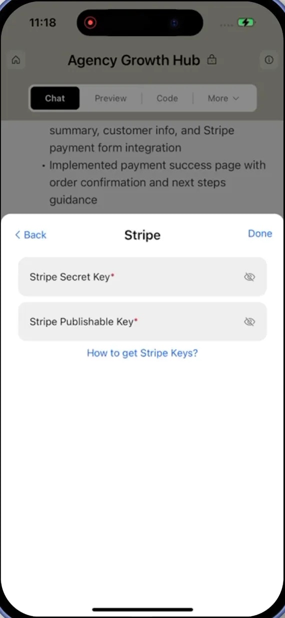 Stripe integration modal with API keys input