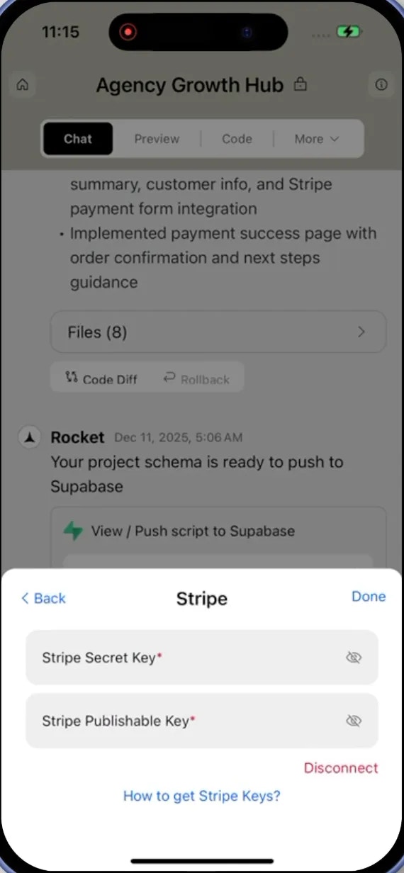 Stripe integration modal with API keys input and disconnect option