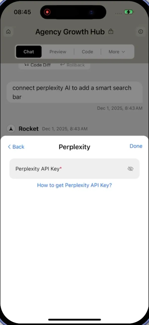 Perplexity integration modal with API key input
