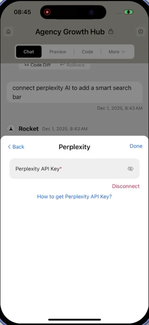 Perplexity integration modal with API key input and disconnect option
