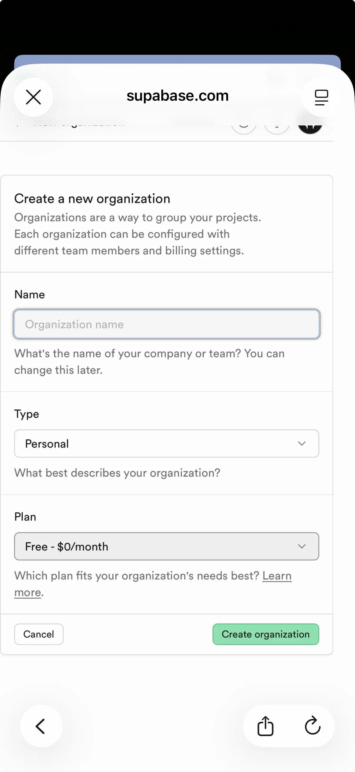 Create Supabase organization