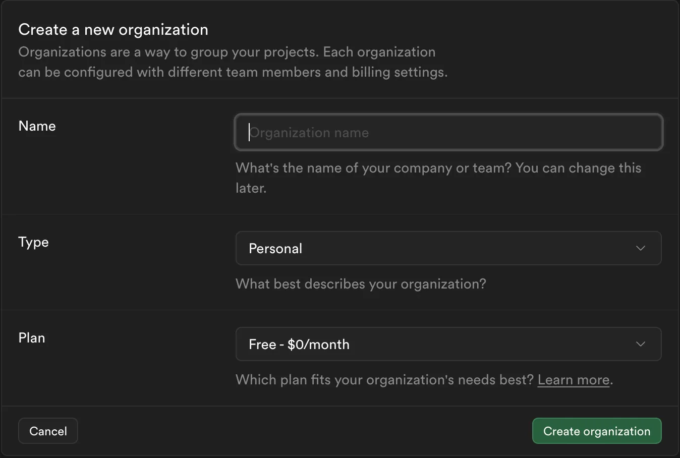 Create Supabase org.