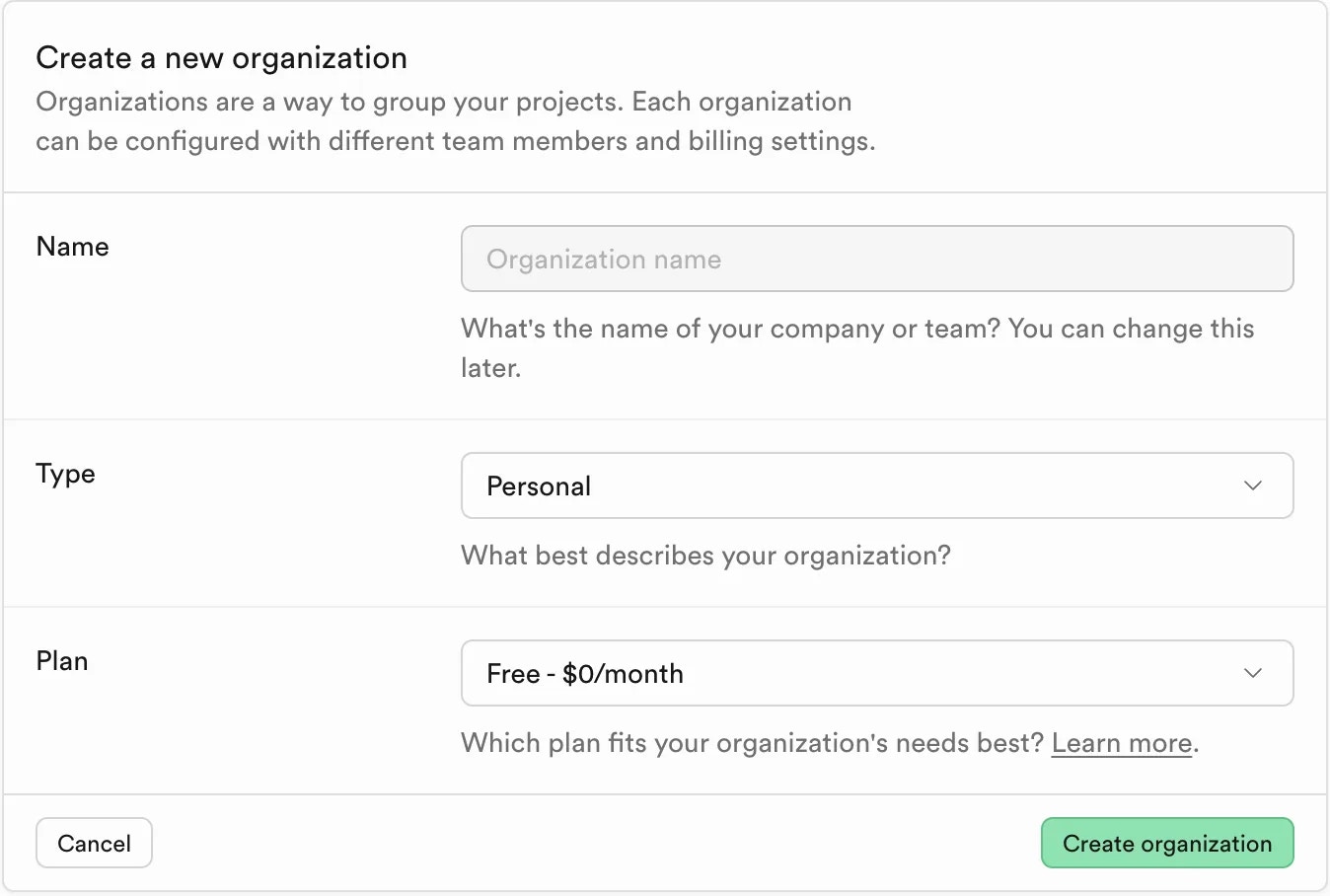 Create Supabase org.
