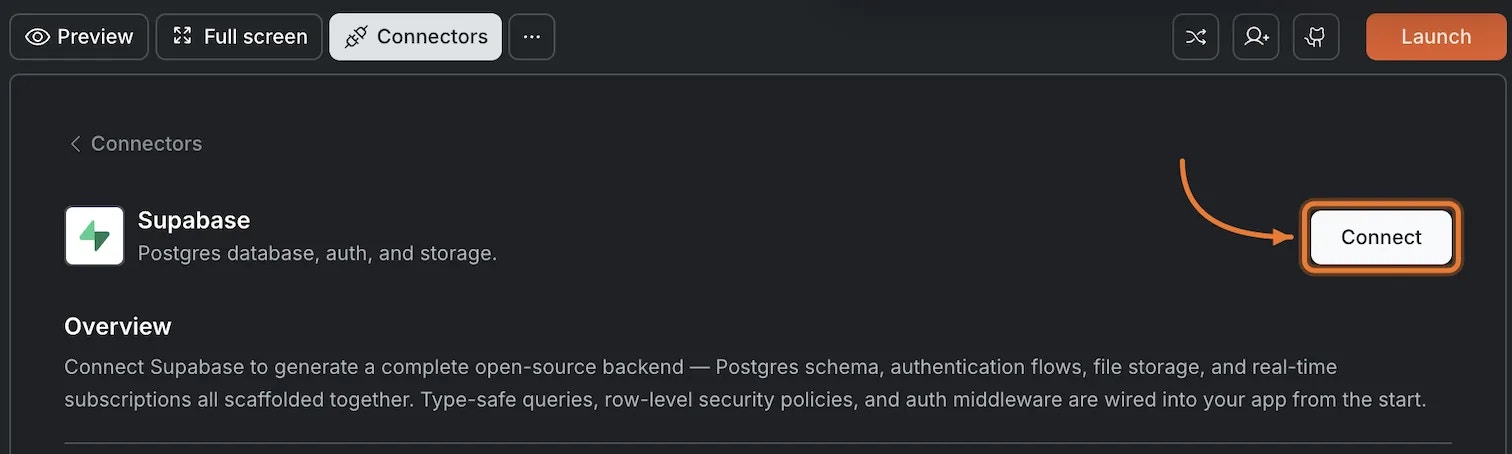 Supabase card with Connect button highlighted.
