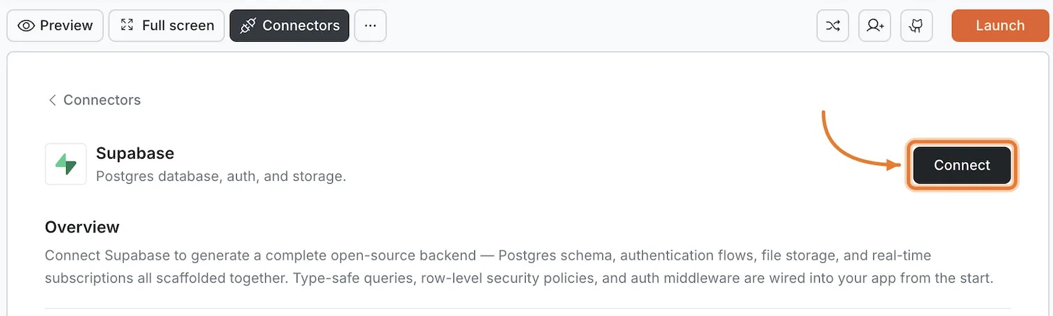 Supabase card with Connect button highlighted.