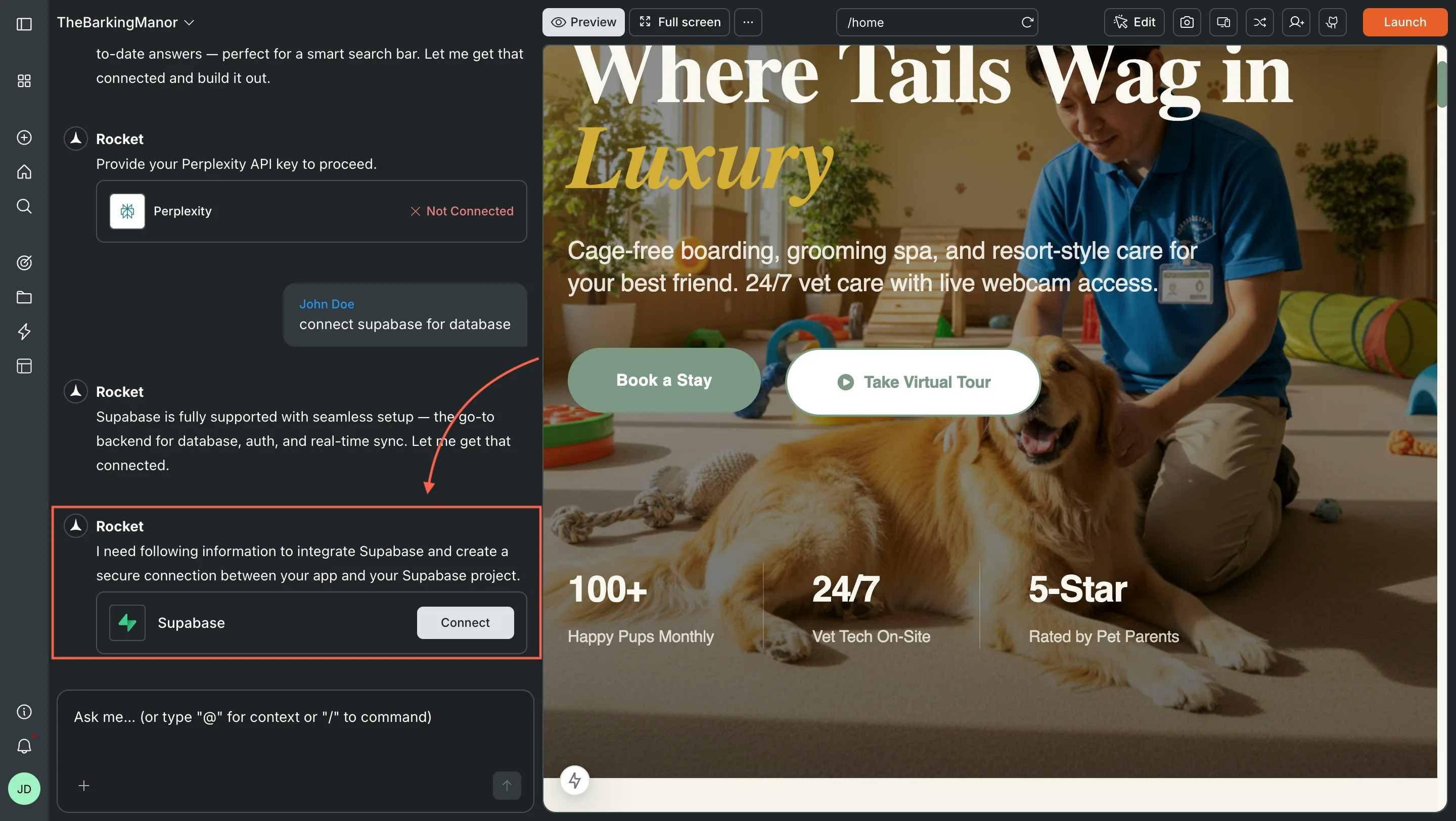 Rocket chat panel showing a Connect prompt for Supabase.