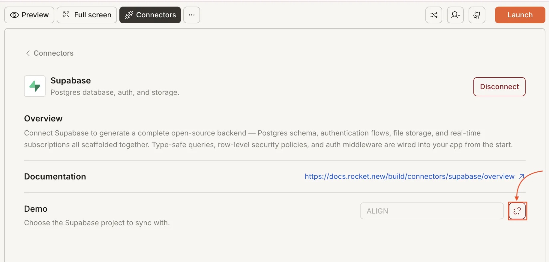 Supabase Connectors panel showing the project selector dropdown.