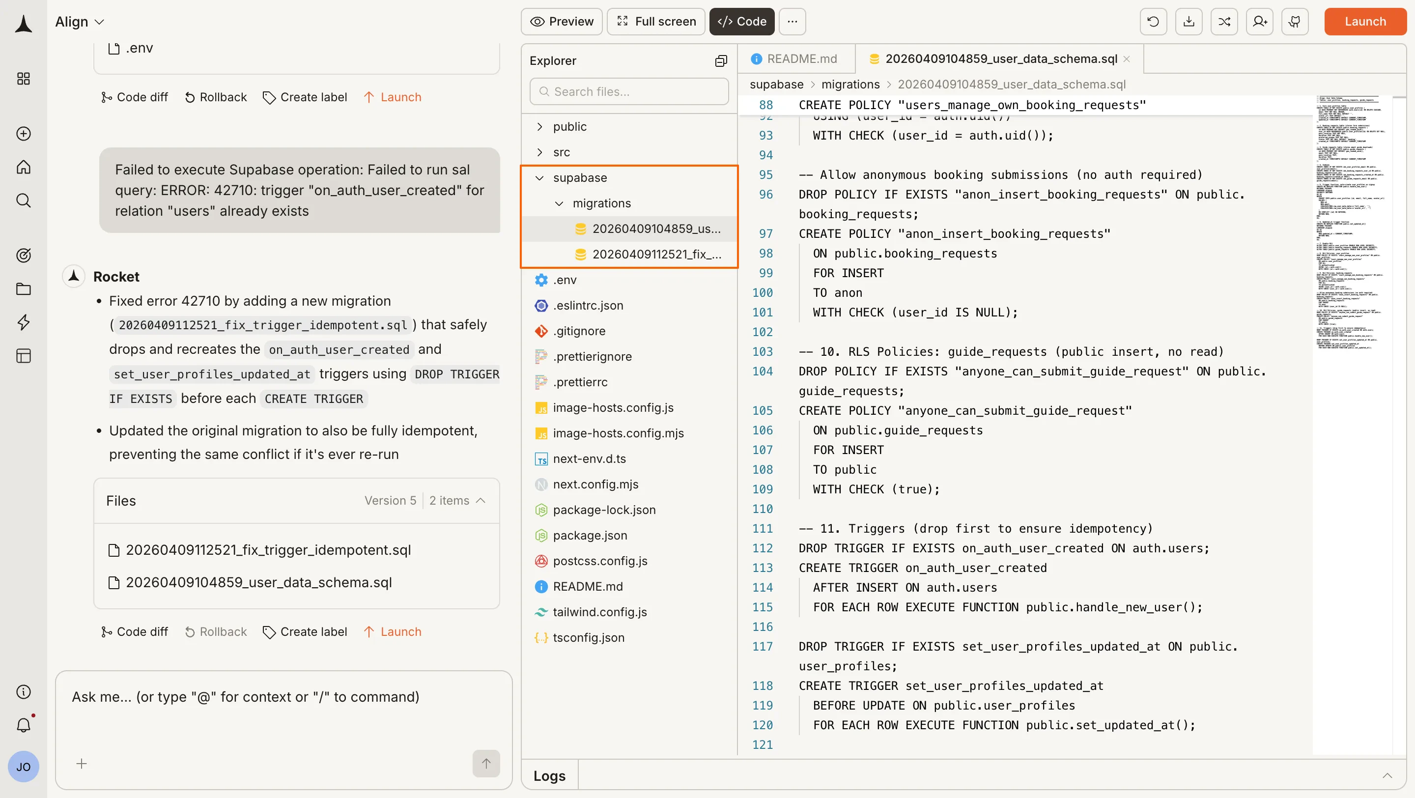 Rocket editor showing a migration script with push and discard options.