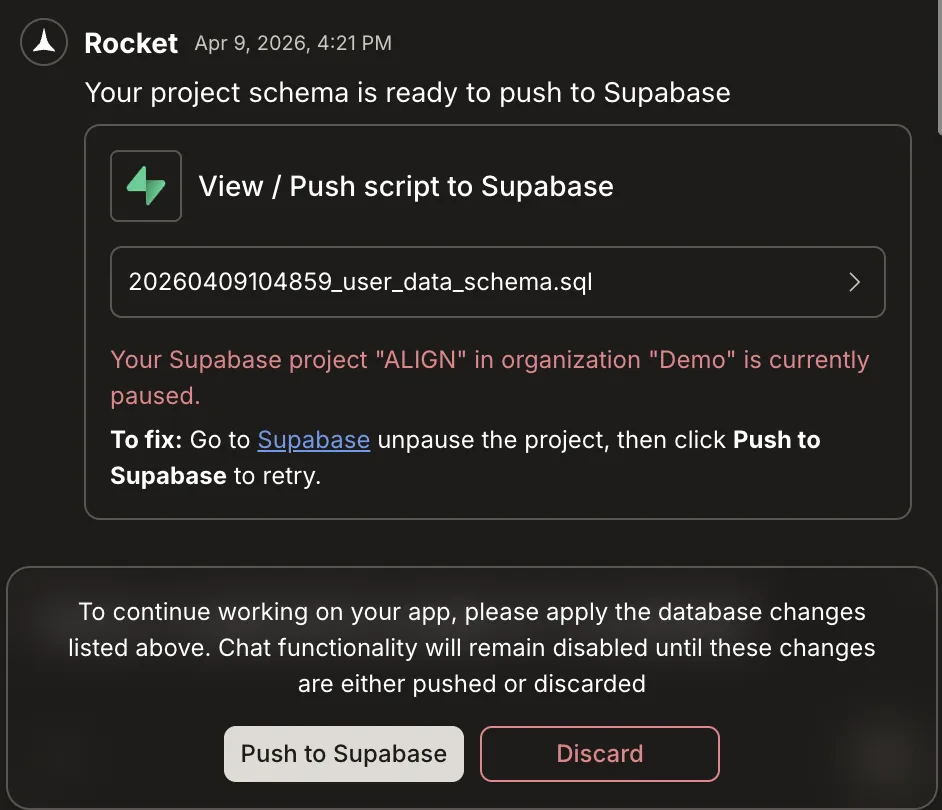 Error message indicating the connected Supabase project is paused.