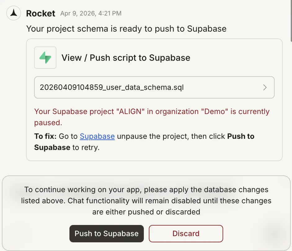 Error message indicating the connected Supabase project is paused.