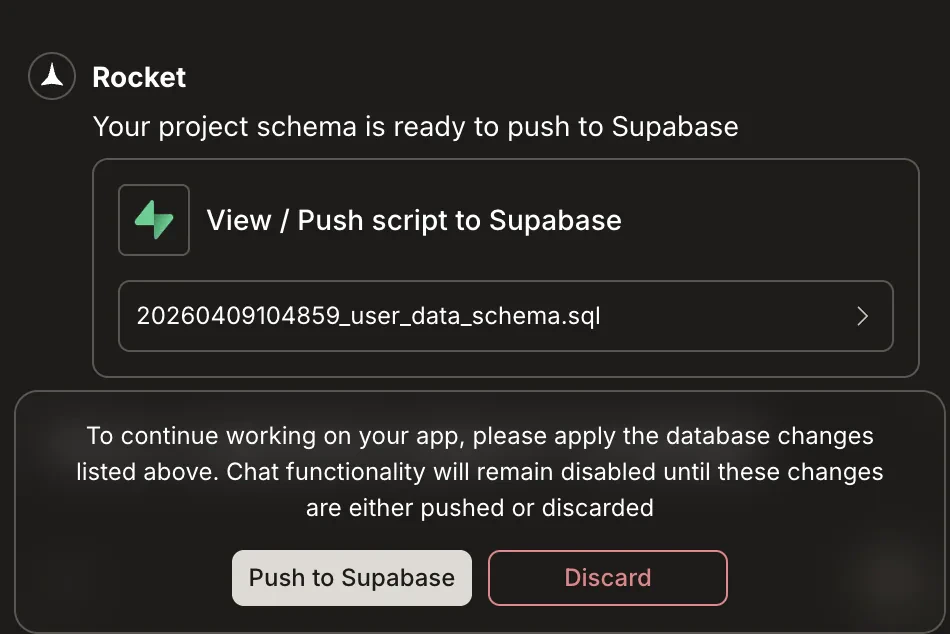 Popup showing a generated Supabase script with options to preview, push, or discard.