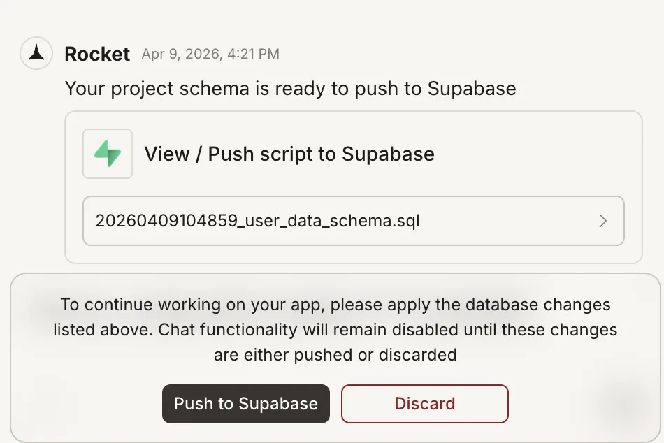 Popup showing a generated Supabase script with options to preview, push, or discard.