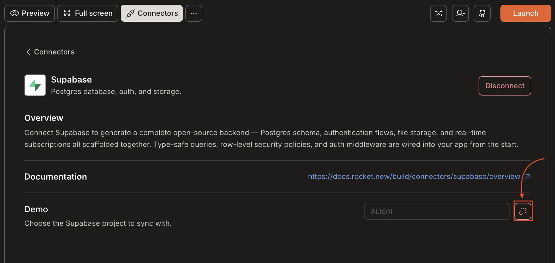 Supabase Connectors panel with project dropdown to select a valid project.