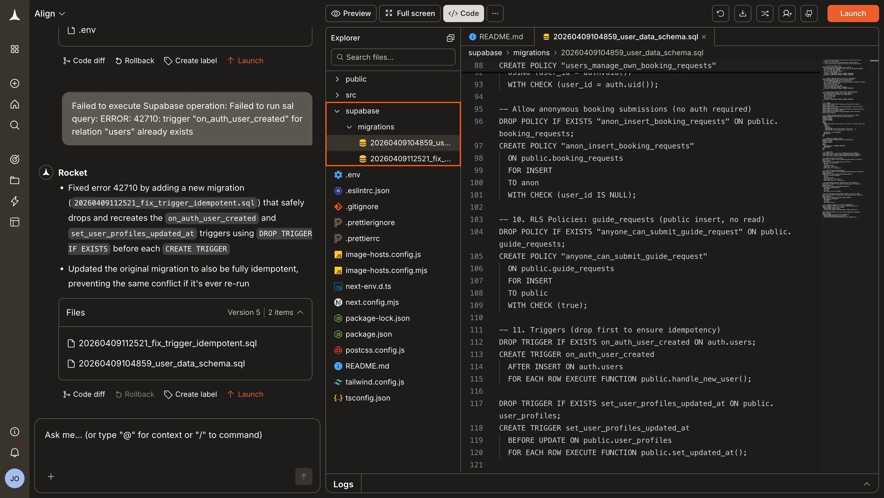 Rocket editor showing a migration script with push and discard options.