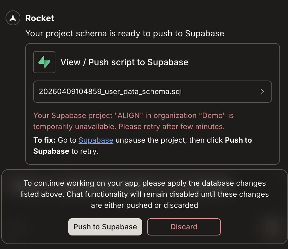 Message showing Supabase is temporarily unavailable.