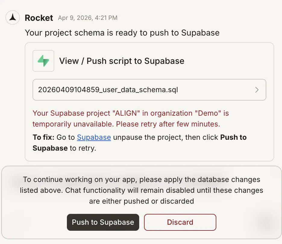 Message showing Supabase is temporarily unavailable.