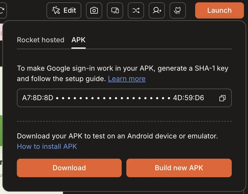 APK tab in the Rocket Launch popup showing the SHA-1 certificate fingerprint with a copy button.