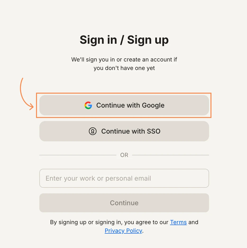Sign in popup with the Continue with Google button highlighted.