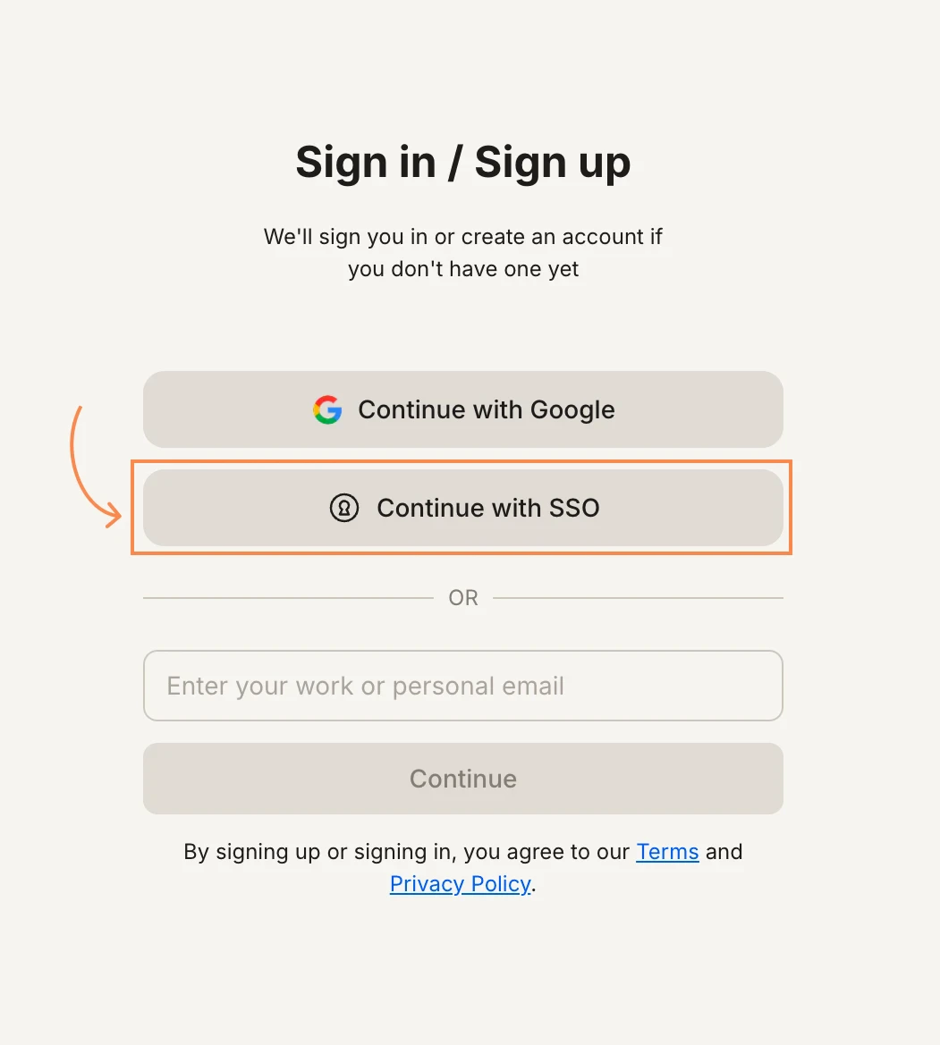 Sign in popup with the Continue with SSO button highlighted.