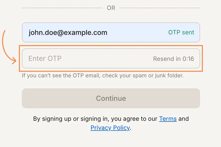 OTP verification screen with the Enter OTP field highlighted and a Resend timer.