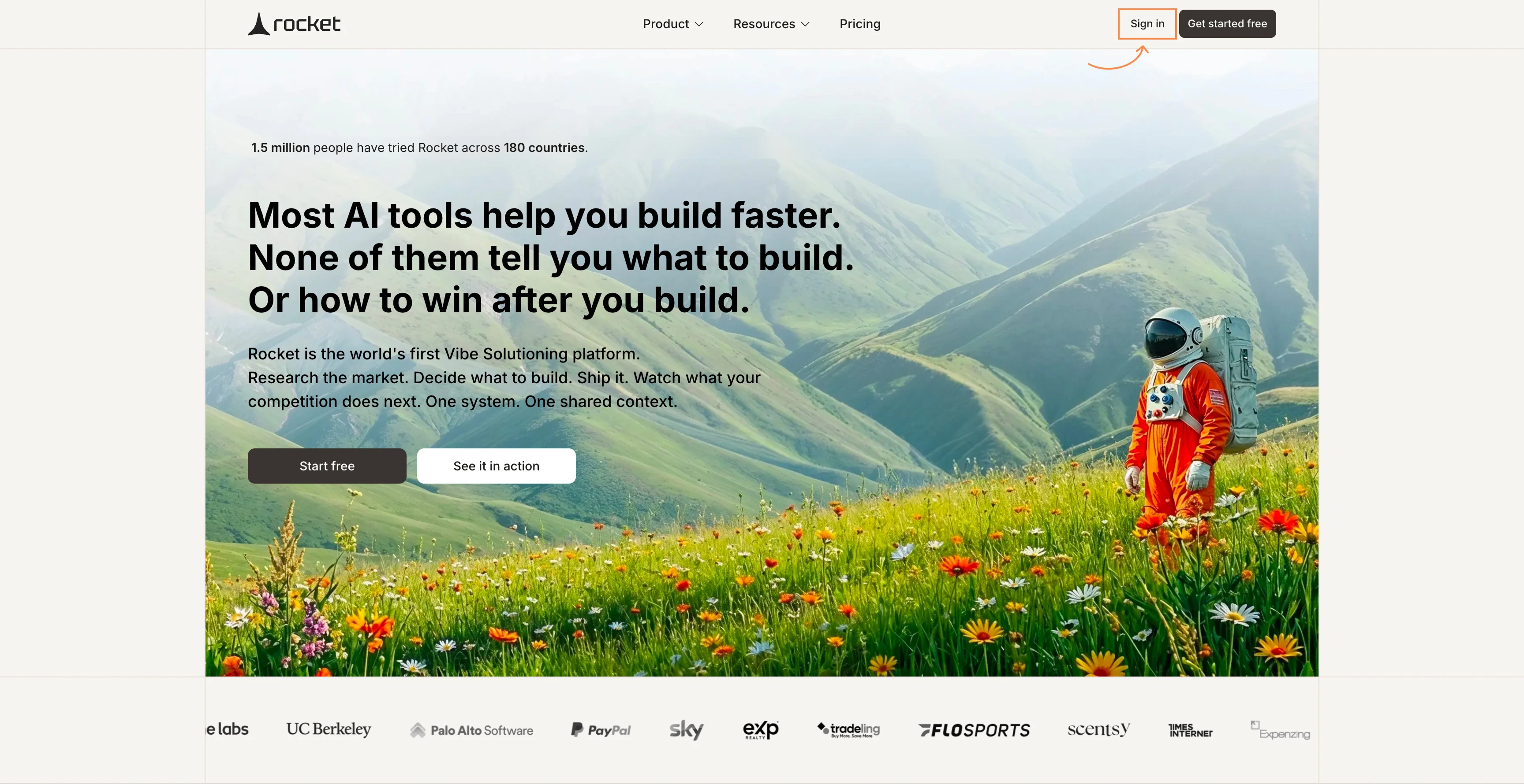 Rocket homepage with the Sign in button highlighted in the top-right corner.