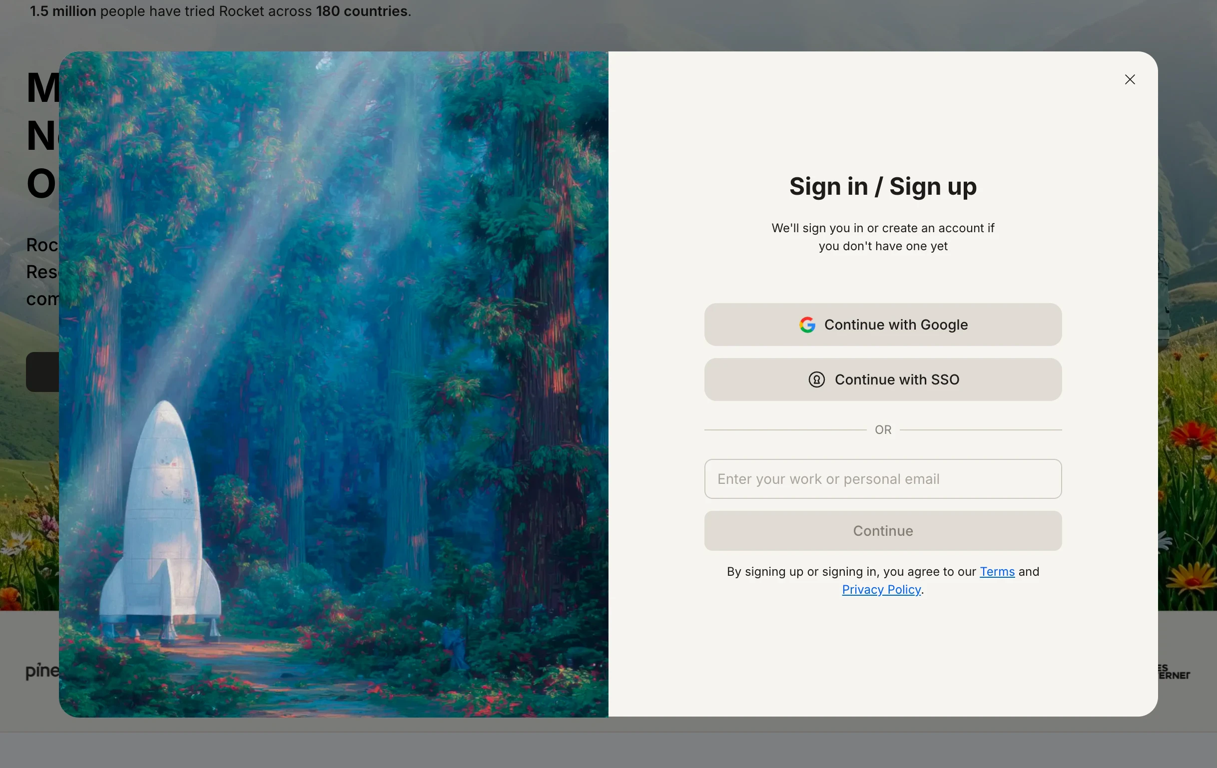 Sign in popup showing Continue with Google, Continue with SSO, and email field.