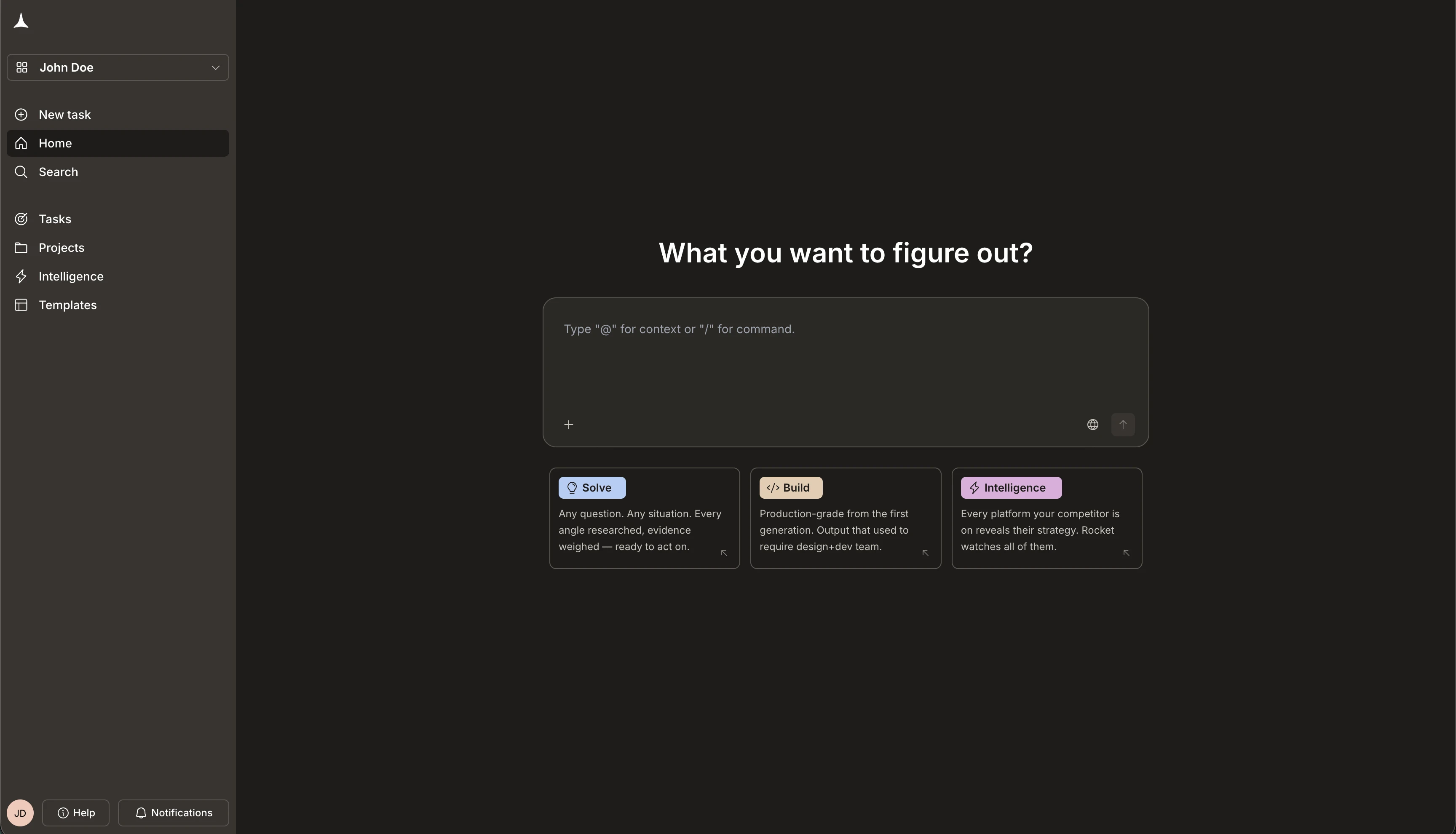 Rocket home screen after sign-in showing the task input and Solve, Build, and Intelligence cards.