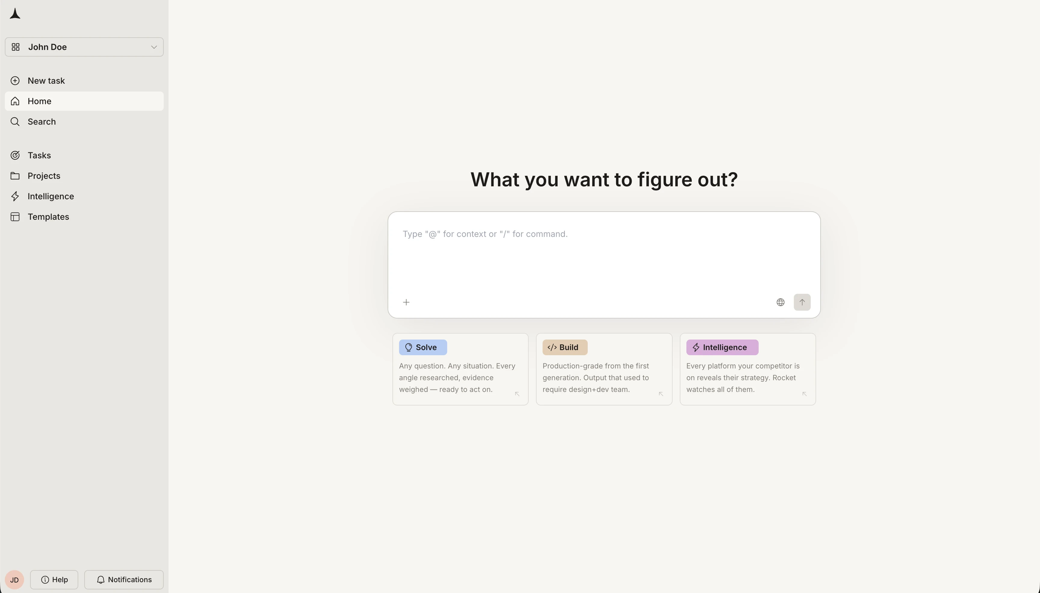 Rocket home screen after sign-in showing the task input and Solve, Build, and Intelligence cards.