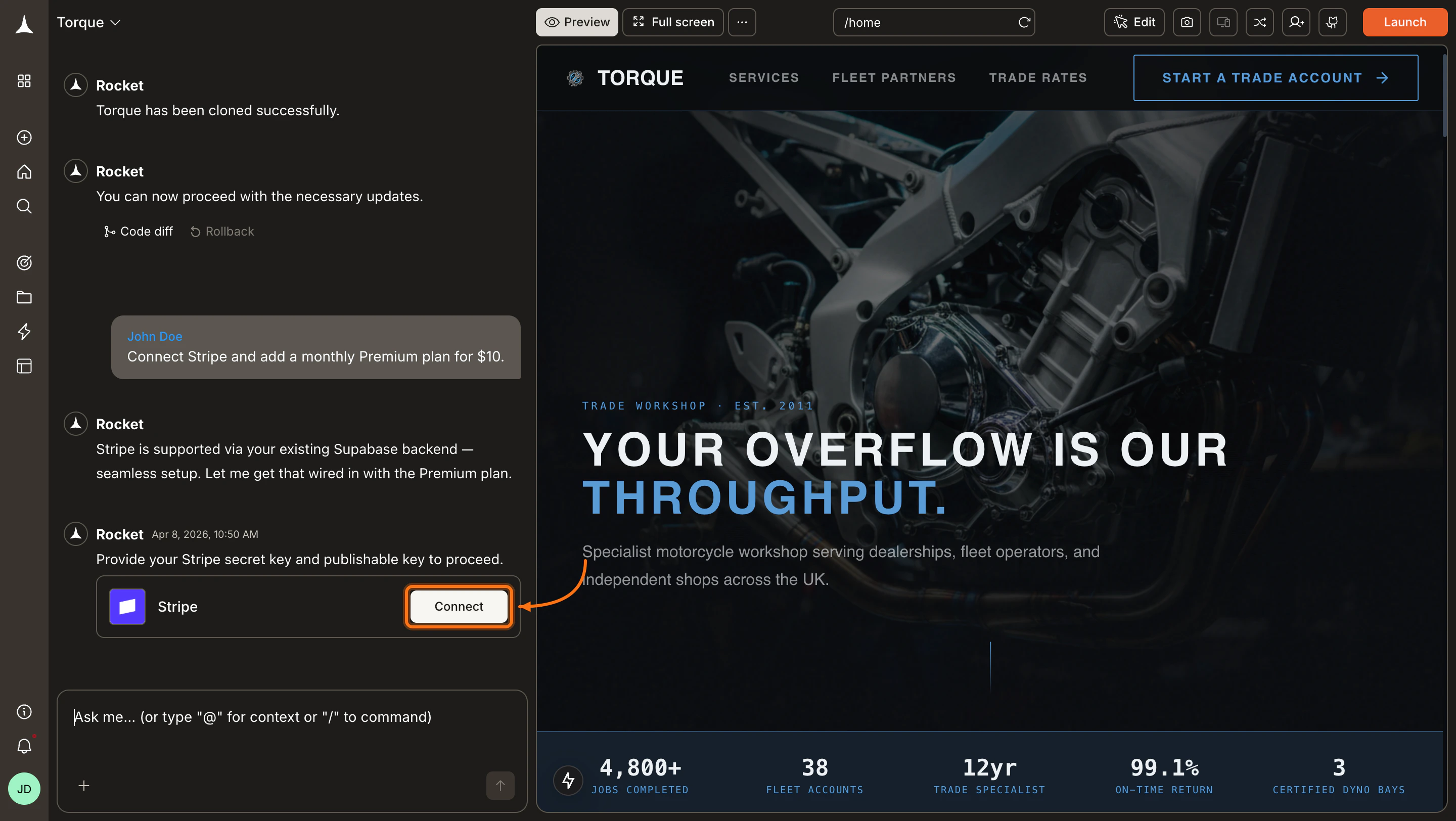 Stripe connection prompt in the Rocket chat panel.