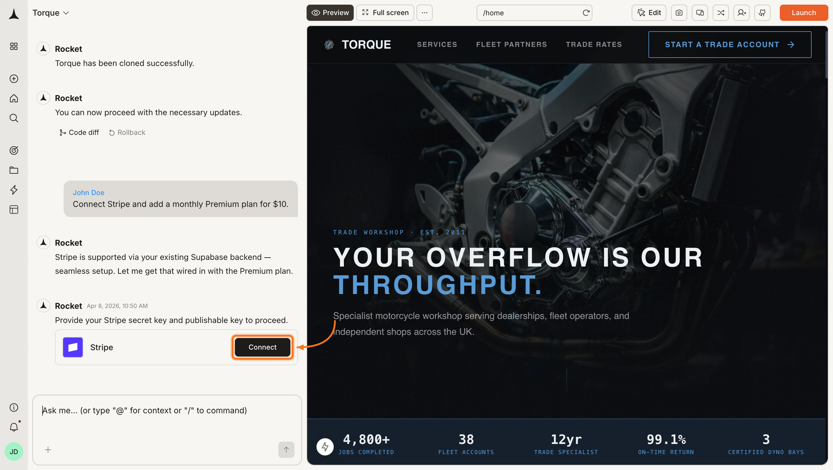 Stripe connection prompt in the Rocket chat panel.