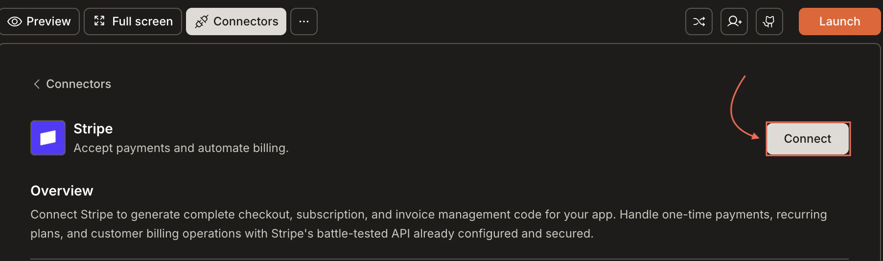 Connectors tab showing the Stripe card with a Connect button.