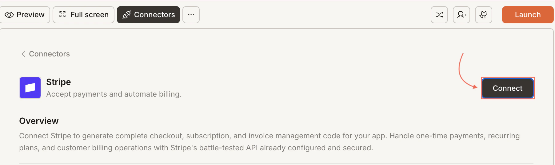 Connectors tab showing the Stripe card with a Connect button.
