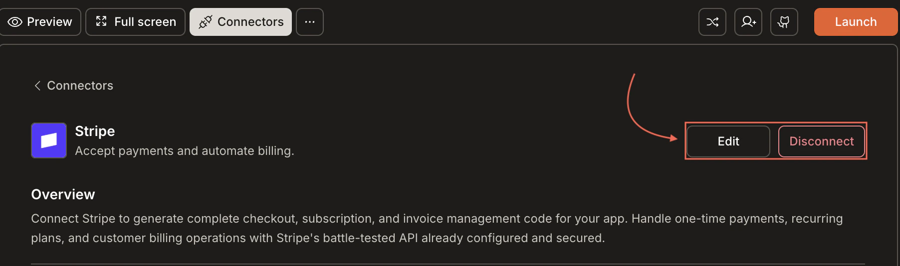 Stripe integration showing connected state with a Disconnect button.
