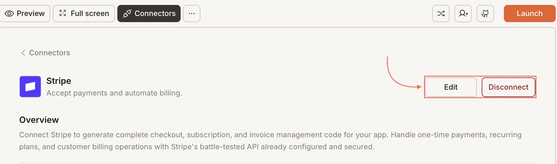 Stripe integration showing connected state with a Disconnect button.