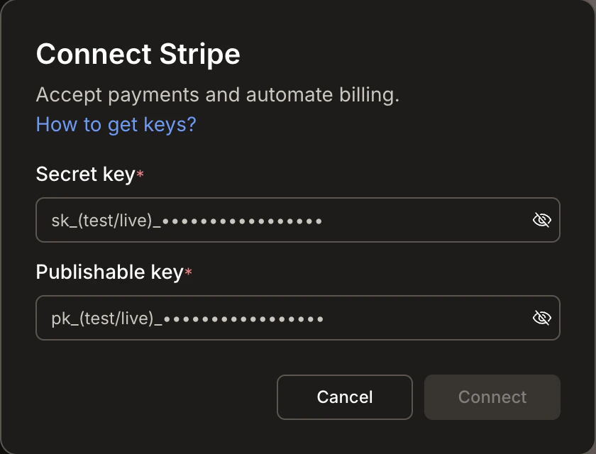 Stripe API key input popup.