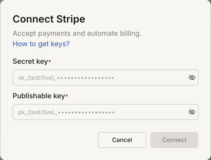 Stripe API key input popup.