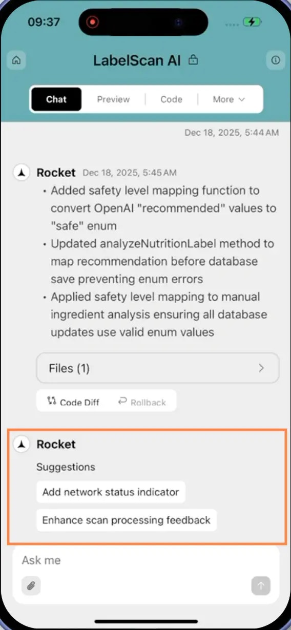 Smart suggestions appearing in chat with two build recommendations.